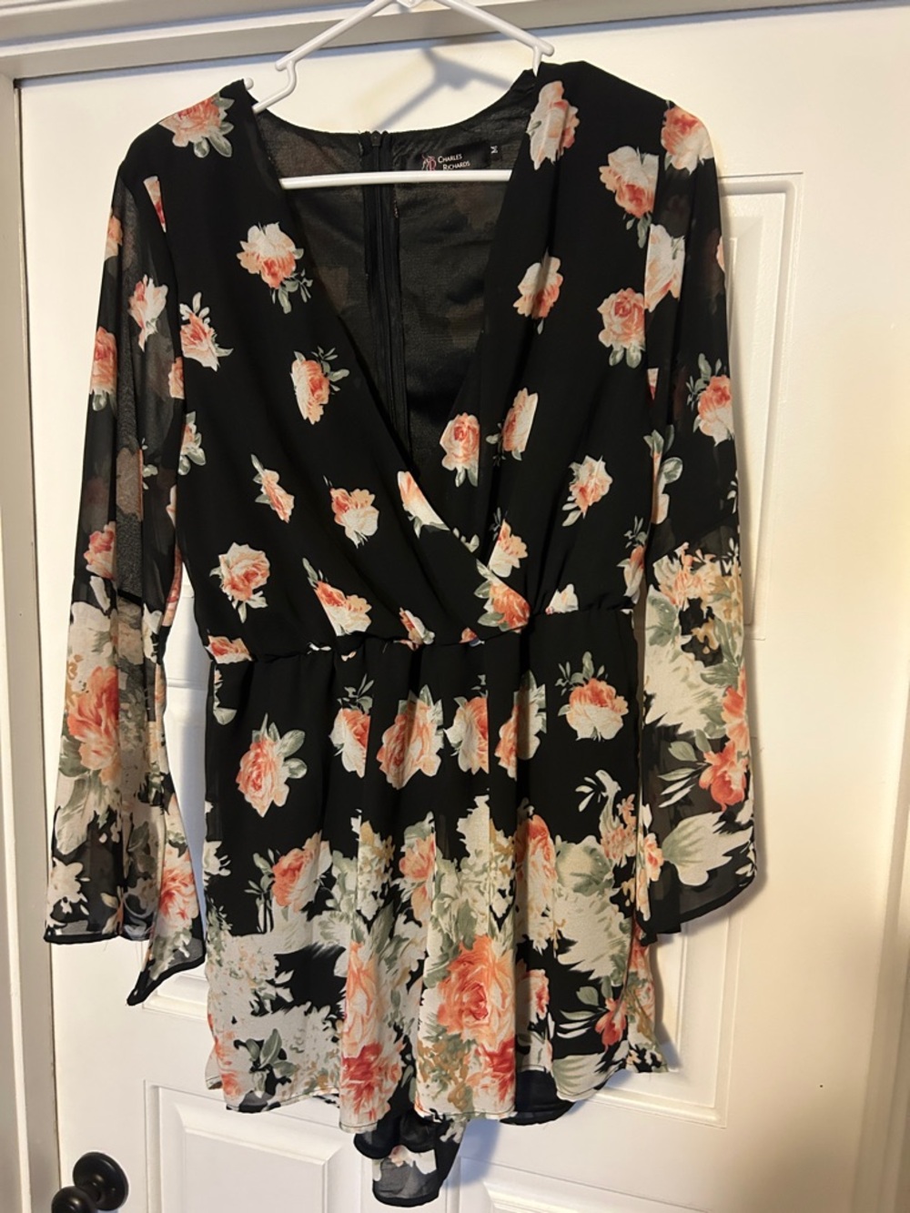 Black Floral V-Neck Wrap Romper with Peach Roses